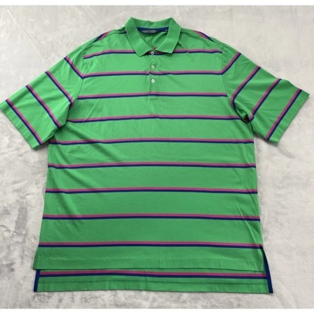 Polo Golf Ralph Lauren Polo Shirt Men XL Green Stripes Regular Hi-Low Slit Pima